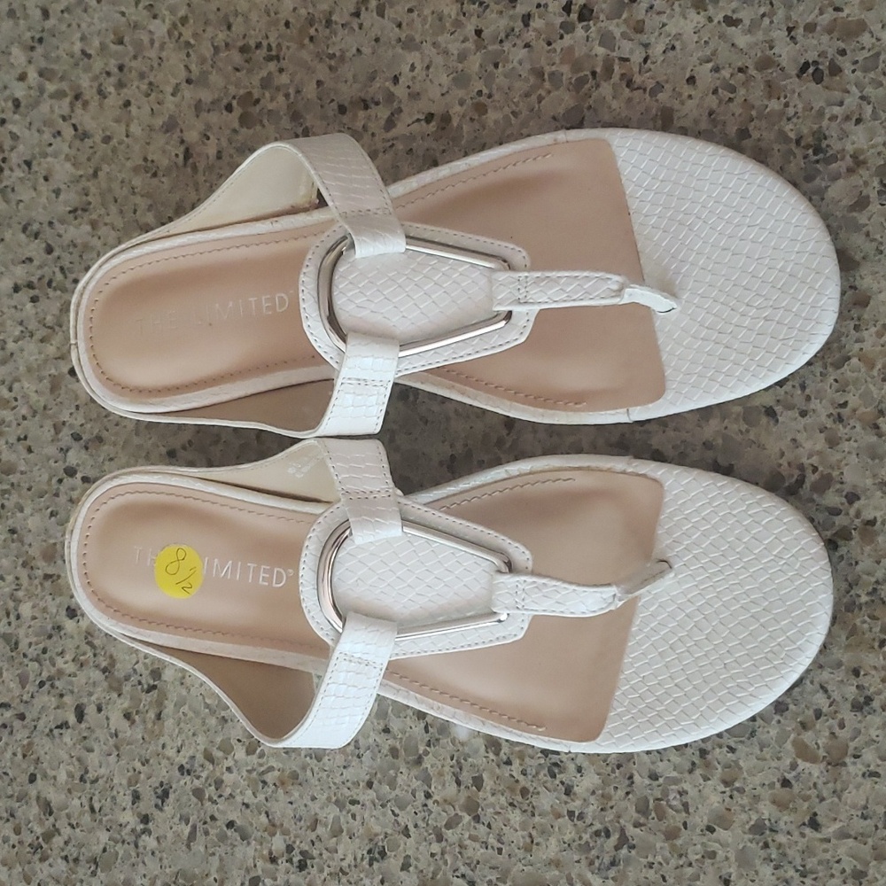 The Limited Indy White Faux Reptile Wedge Slide In Sandal w/ Silver-Tone Detail